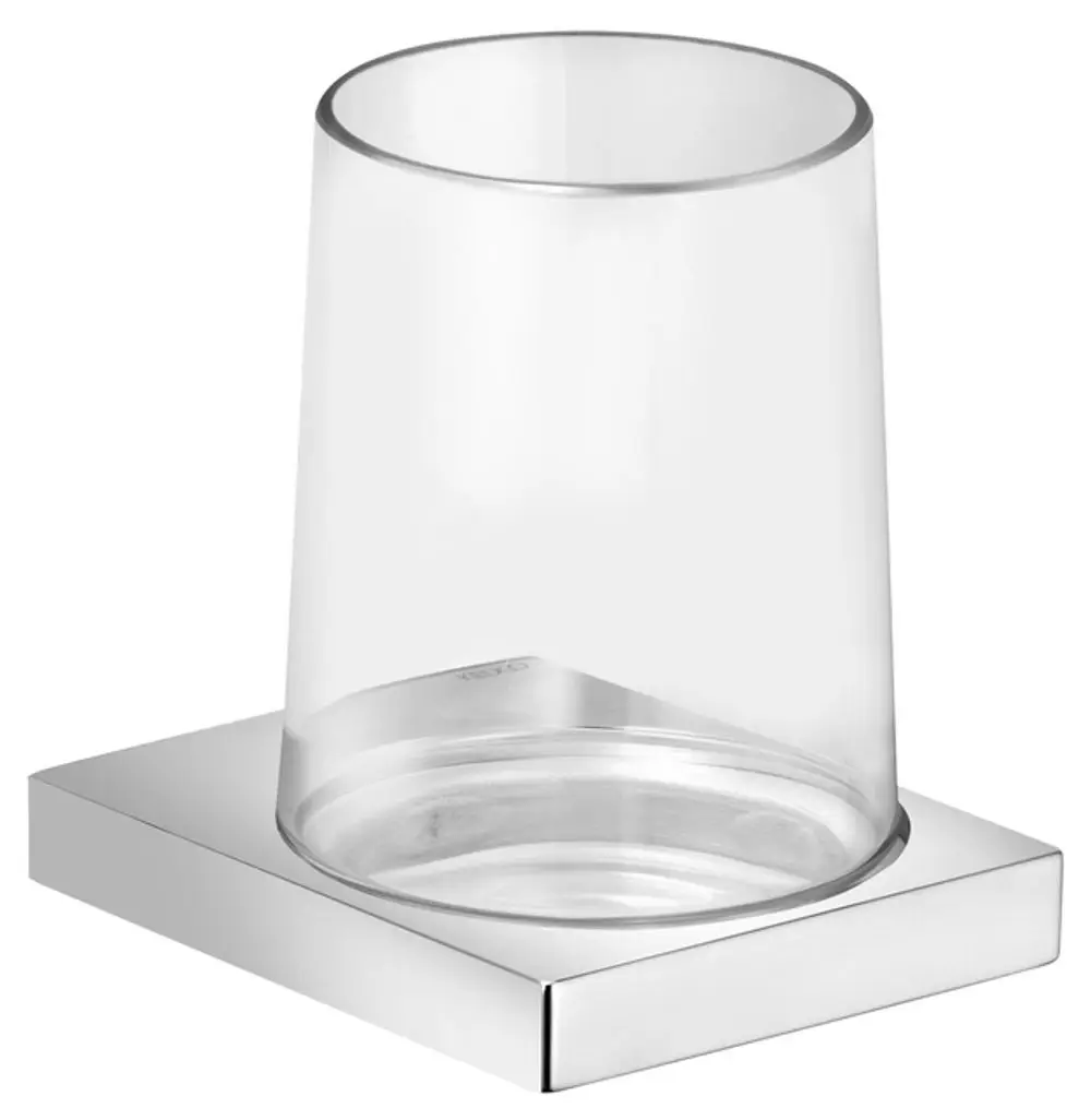 Glashalter von Keuco mit verchromter Basis und transparentem Echtkristall-Glas, steht auf quadratischer Metallplatte.